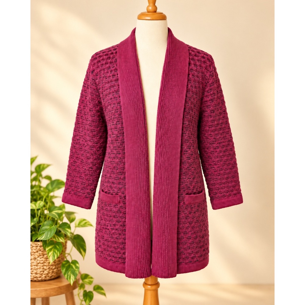 Raspberry Purple Textured Wool Blend Longline Cardigan Shawl Collar Slovenia XL